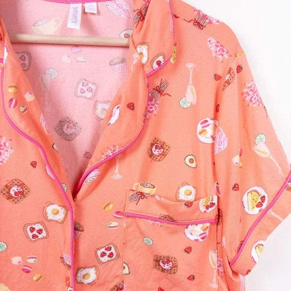 Joyspun Pajama Set Women XL Peach Brunch Food Print Short Sleeve Button Down - Picture 3 of 13
